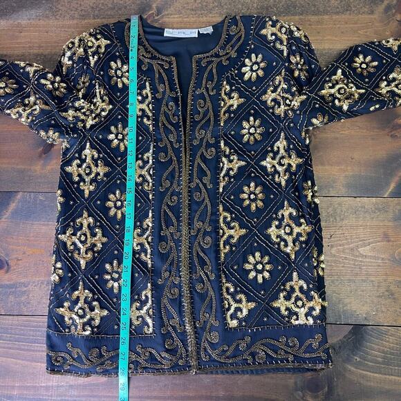 Vintage 80s Scala Jacket Women's Large Black Silk Gold Beaded Evening Party - Picture 9 of 10